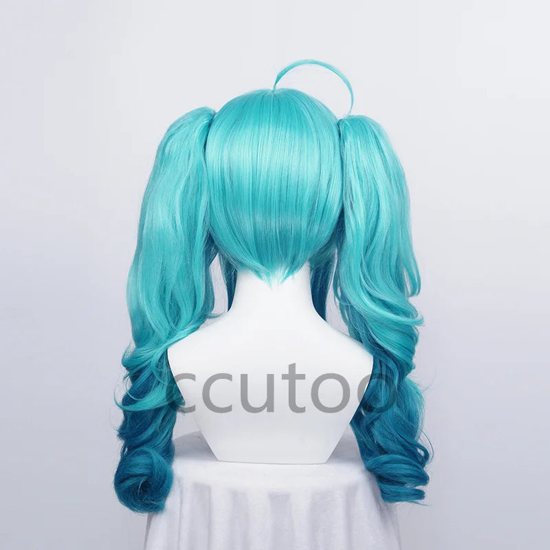 Vocaloid Miku cosplayperuk 55 cm – grön ombre lockig peruk med hästsvansar