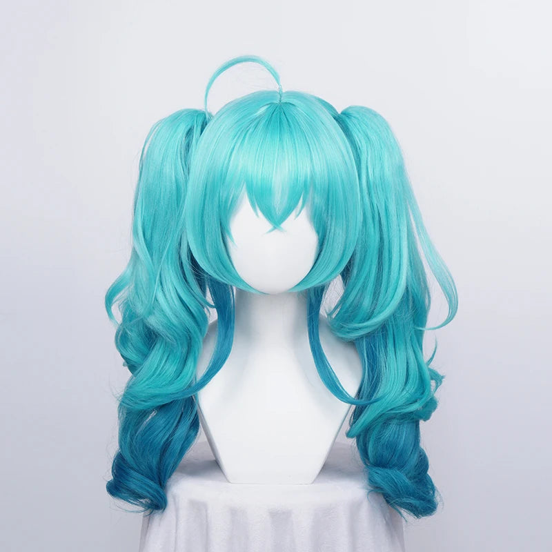 Vocaloid Miku cosplayperuk 55 cm – grön ombre lockig peruk med hästsvansar