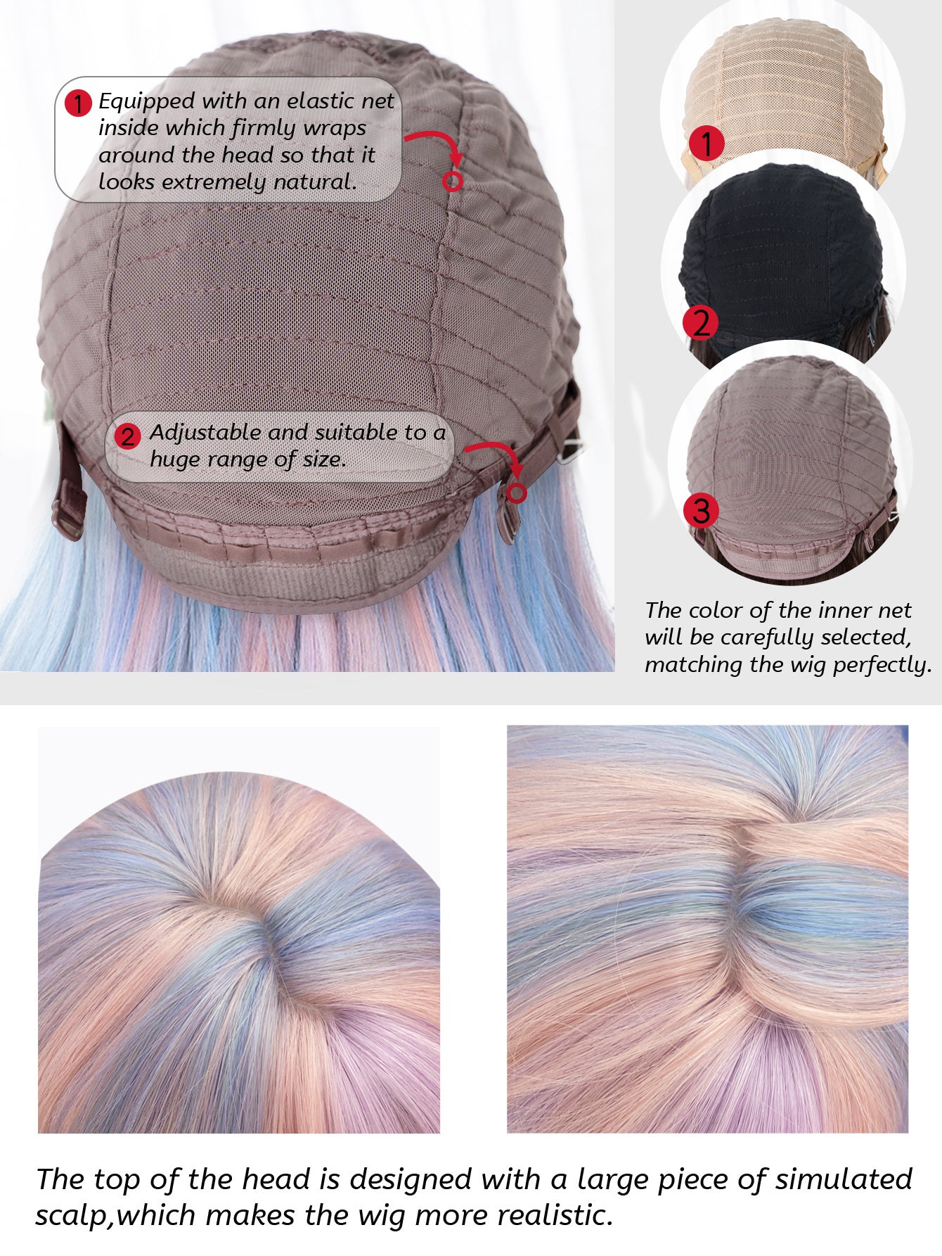 Regnbågsperuk 71 cm – lång vågig syntetperuk med lugg