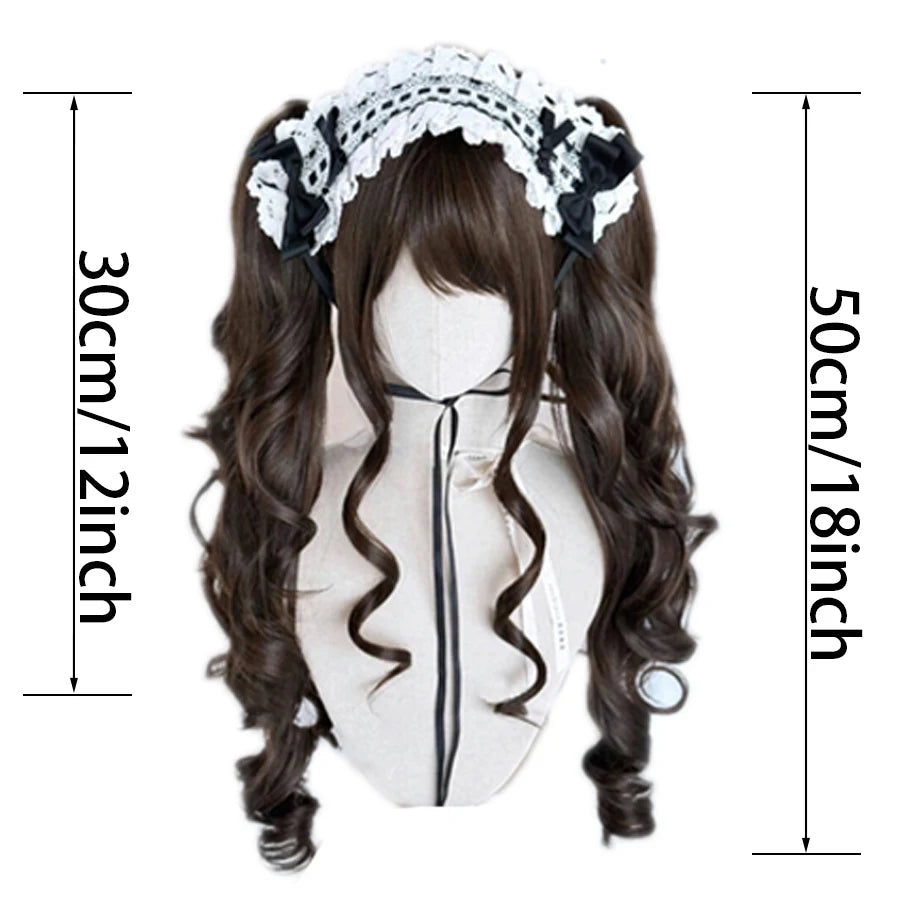 Cosplayperuk med dubbla tofsar – lång vågig syntetperuk för lolita, fest & kawaii-stil