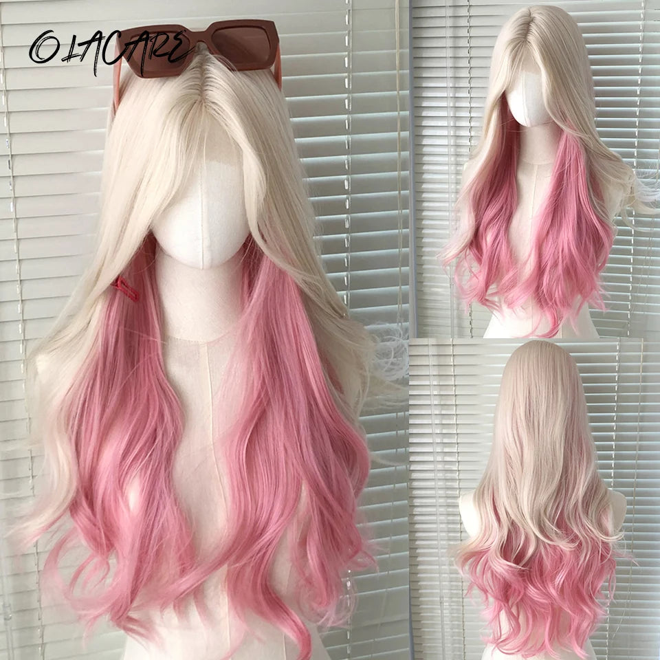 Ombre Harajuku-peruk 66 cm – lång vågig cosplayperuk med lugg