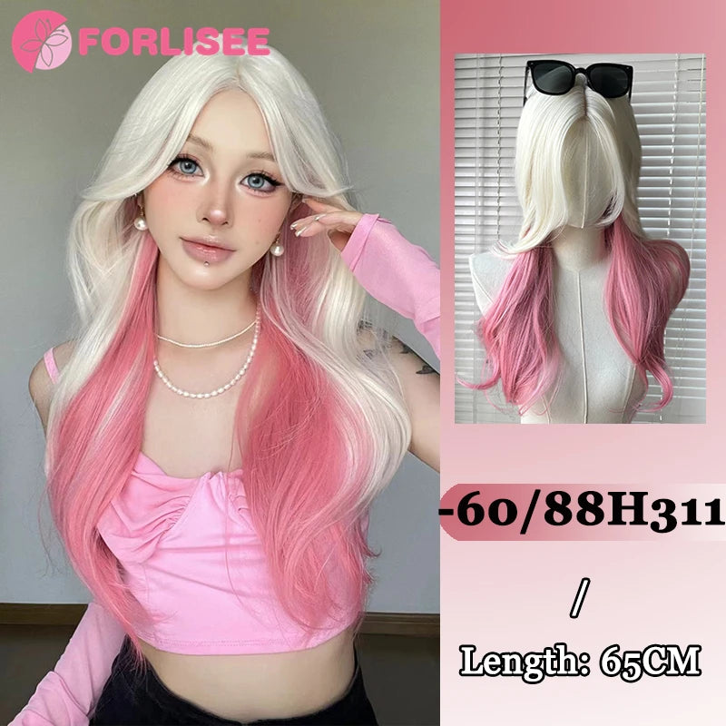 Ombre-peruk 66 cm – lång lockig cosplayperuk med mittbena