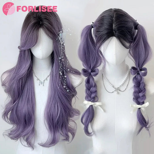 Ombre-peruk 66 cm – lång lockig cosplayperuk med mittbena