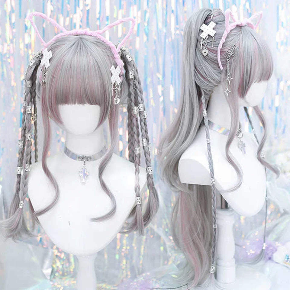 Ombre Harajuku-peruk 66 cm – lång vågig cosplayperuk med lugg