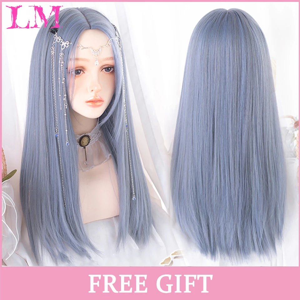 Rosa rak peruk 61 cm – lång syntetperuk med lugg