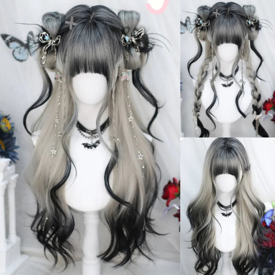 Ombre Harajuku-peruk 66 cm – lång vågig cosplayperuk med lugg