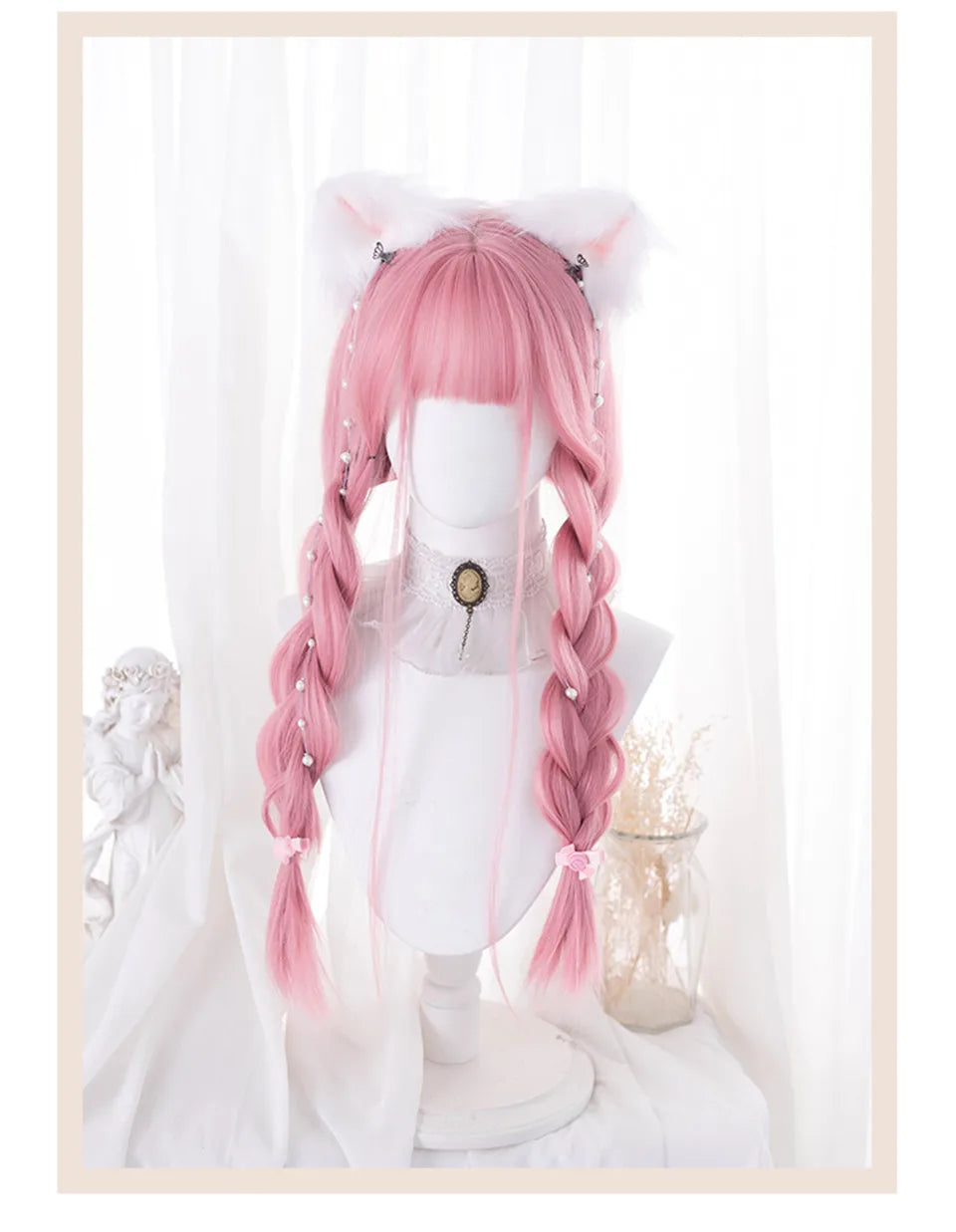 Rosa rak peruk 61 cm – lång syntetperuk med lugg