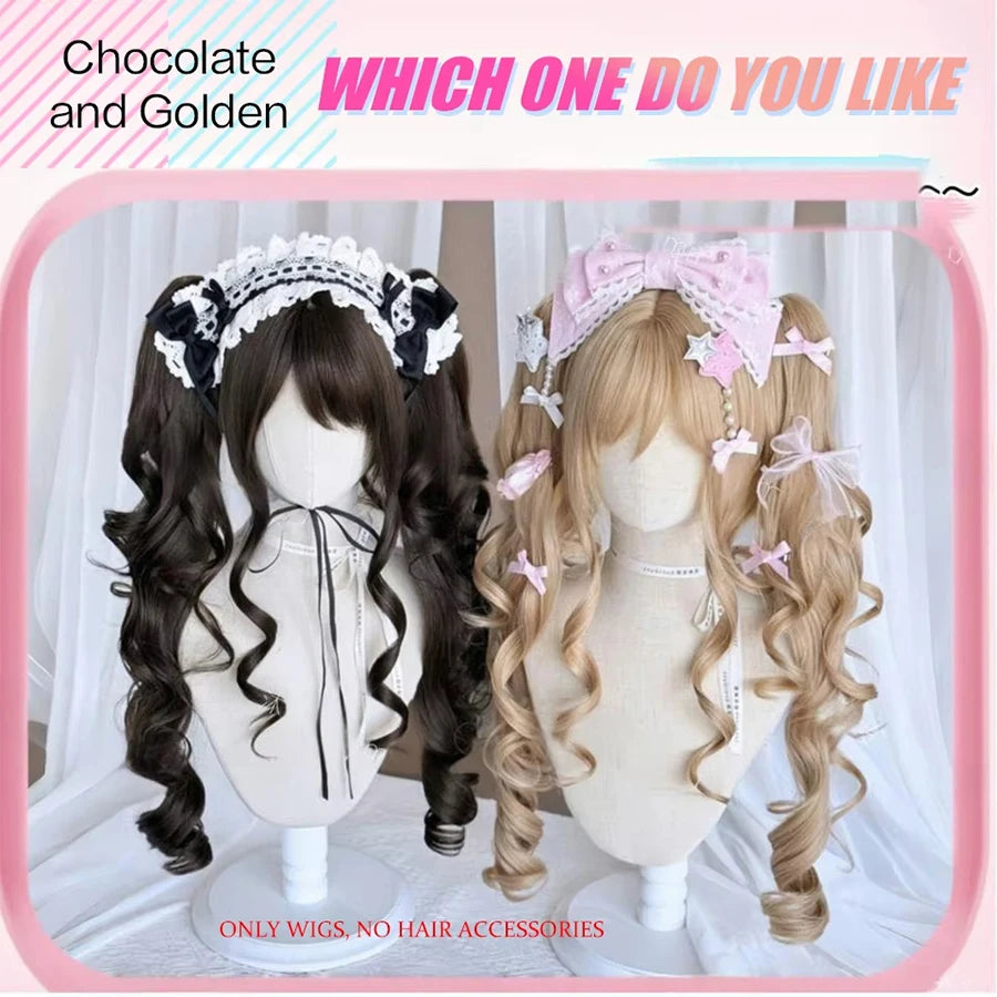 Cosplayperuk med dubbla tofsar – lång vågig syntetperuk för lolita, fest & kawaii-stil