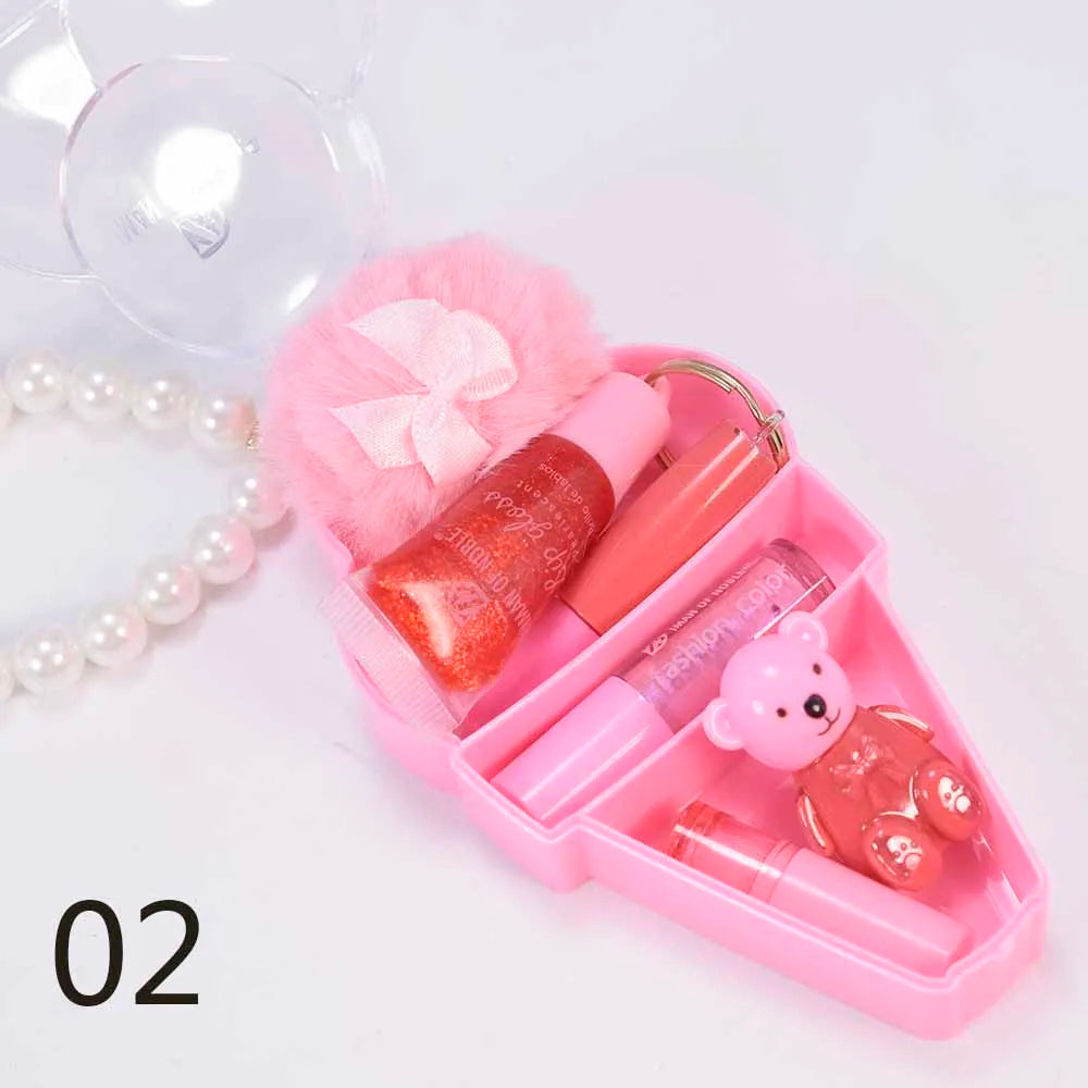 Ice Cream Bear Lip Gloss Set – söt nyckelrings-gloss med långvarig fukt & glans