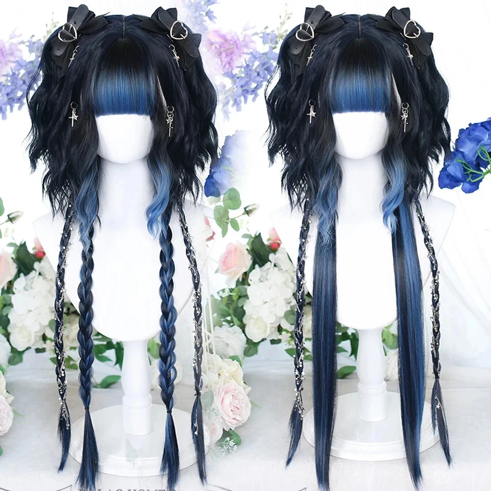 Ombre Harajuku-peruk 66 cm – lång vågig cosplayperuk med lugg