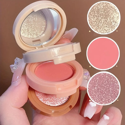 3-i-1 makeup palette – glitter, blush, highlighter & contour i tre lager med matt & skimrande texturer