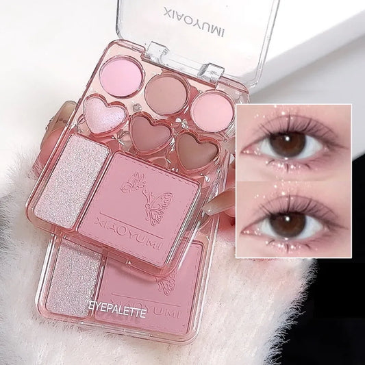 Hjärtformad 8-färgs ögonskuggspalett med rouge & highlighter