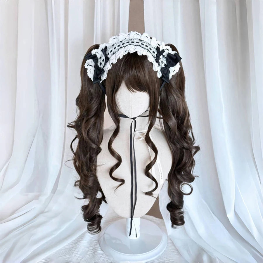 Cosplayperuk med dubbla tofsar – lång vågig syntetperuk för lolita, fest & kawaii-stil