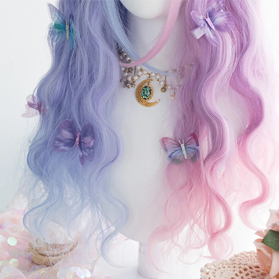 Ombre Harajuku-peruk 66 cm – lång vågig cosplayperuk med lugg