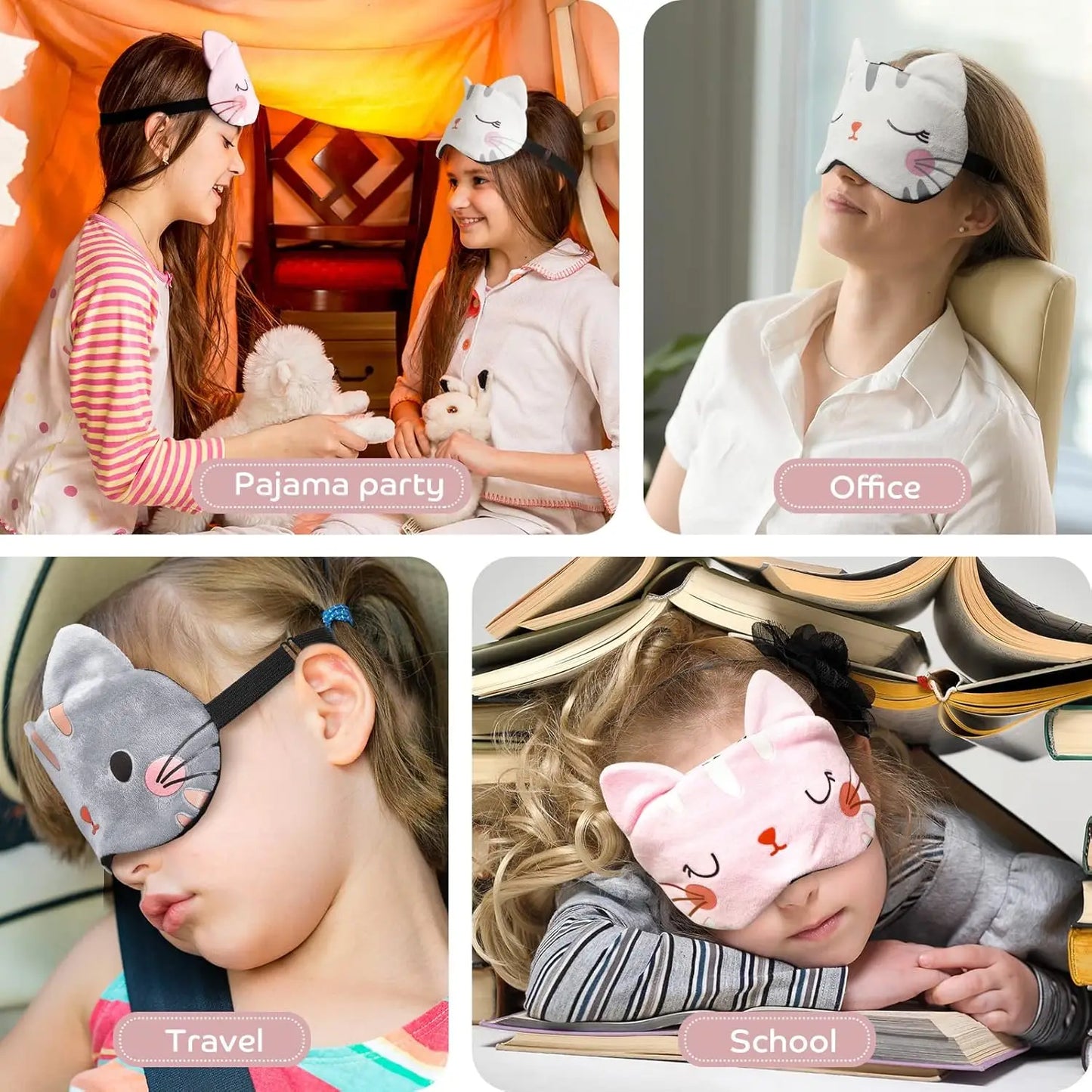 3-pack kawaii sovmasker – mjuka ögonmasker med kattmotiv