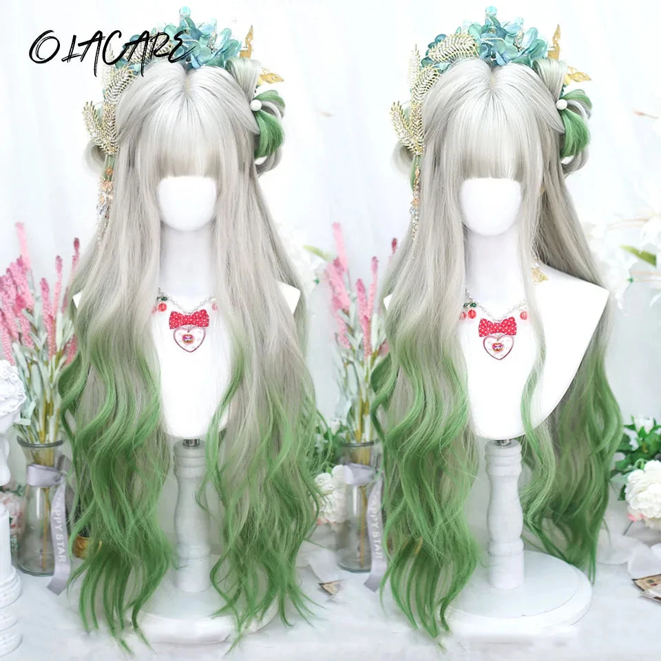 Ombre Harajuku-peruk 66 cm – lång vågig cosplayperuk med lugg