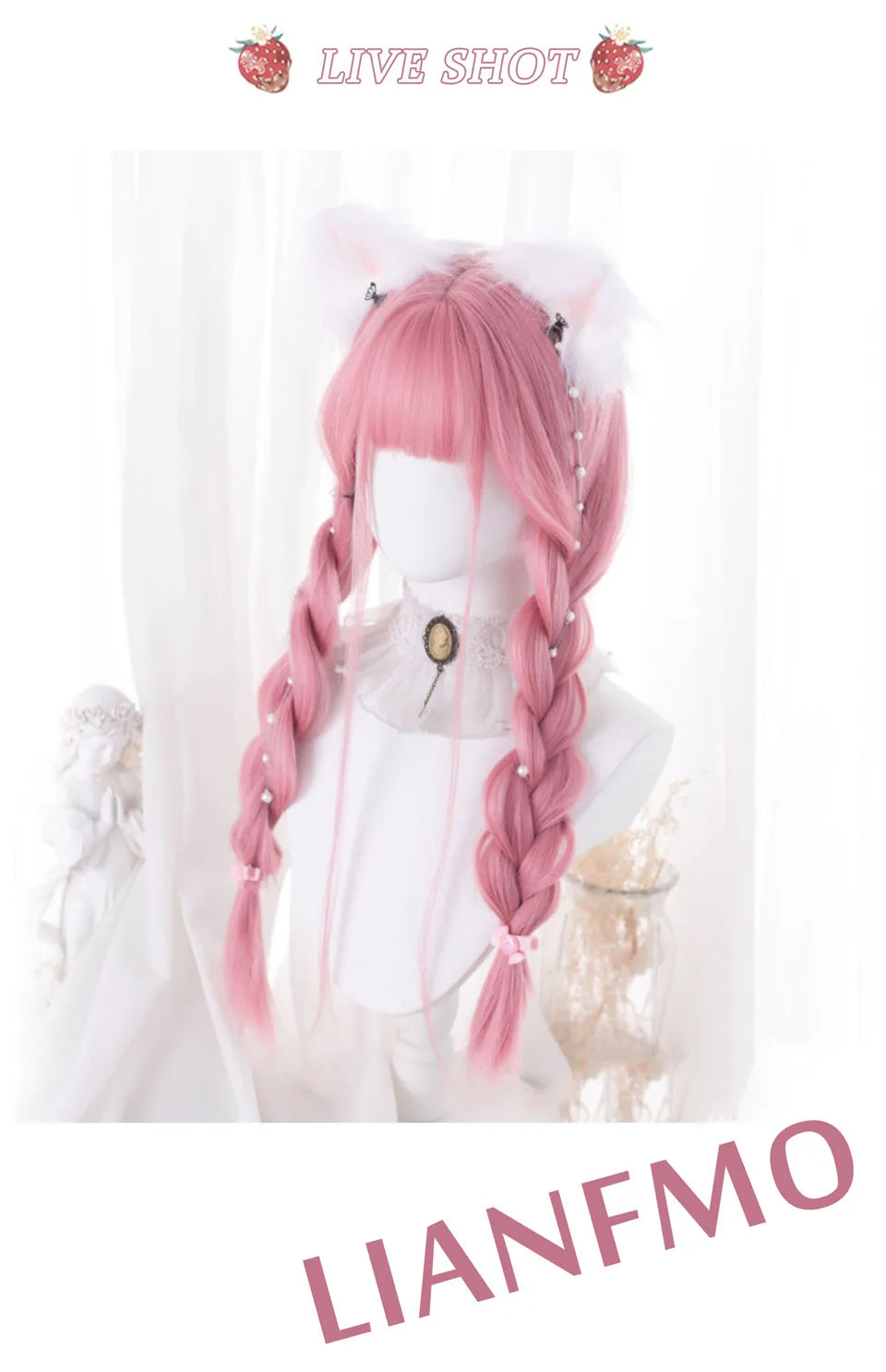 Rosa rak peruk 61 cm – lång syntetperuk med lugg