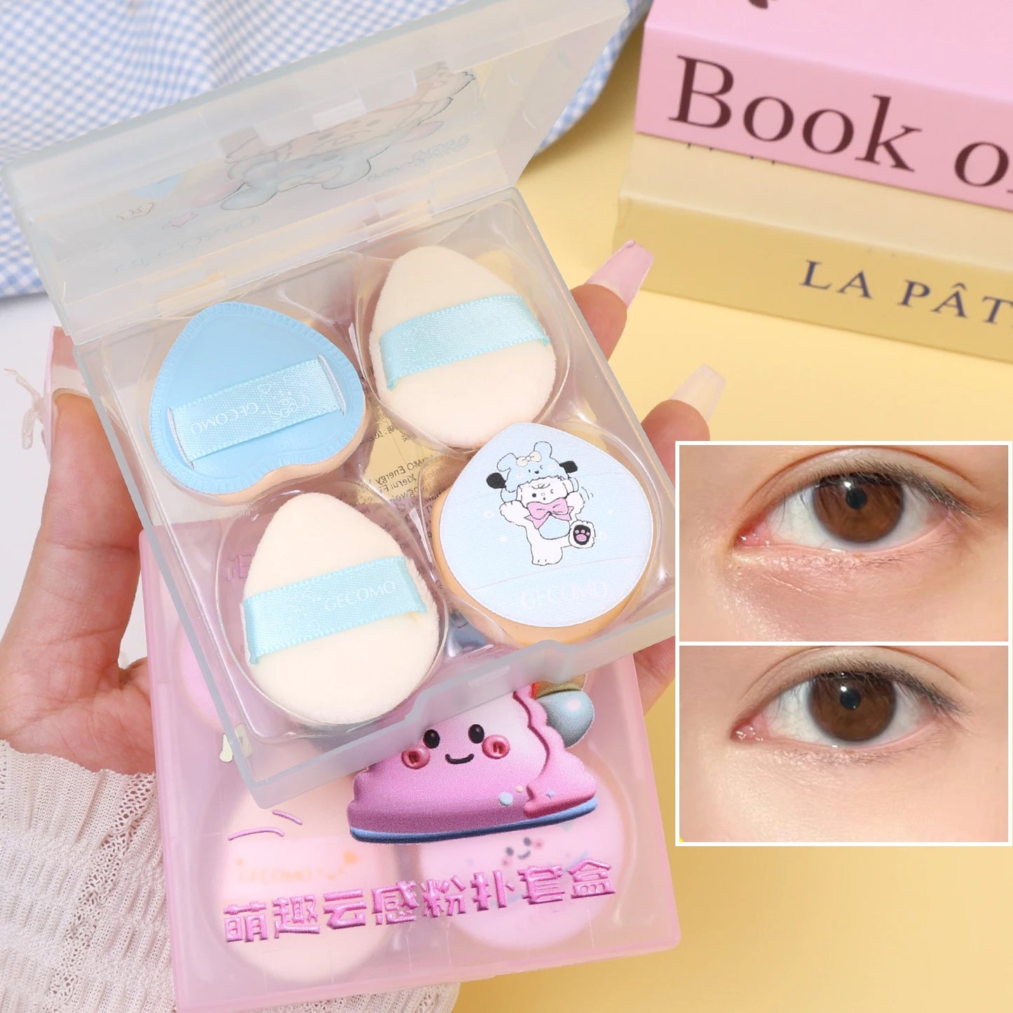 Cute Velvet Powder Puff Set – 5 st mjuka sminksvampar i box för foundation, blush & highlighter