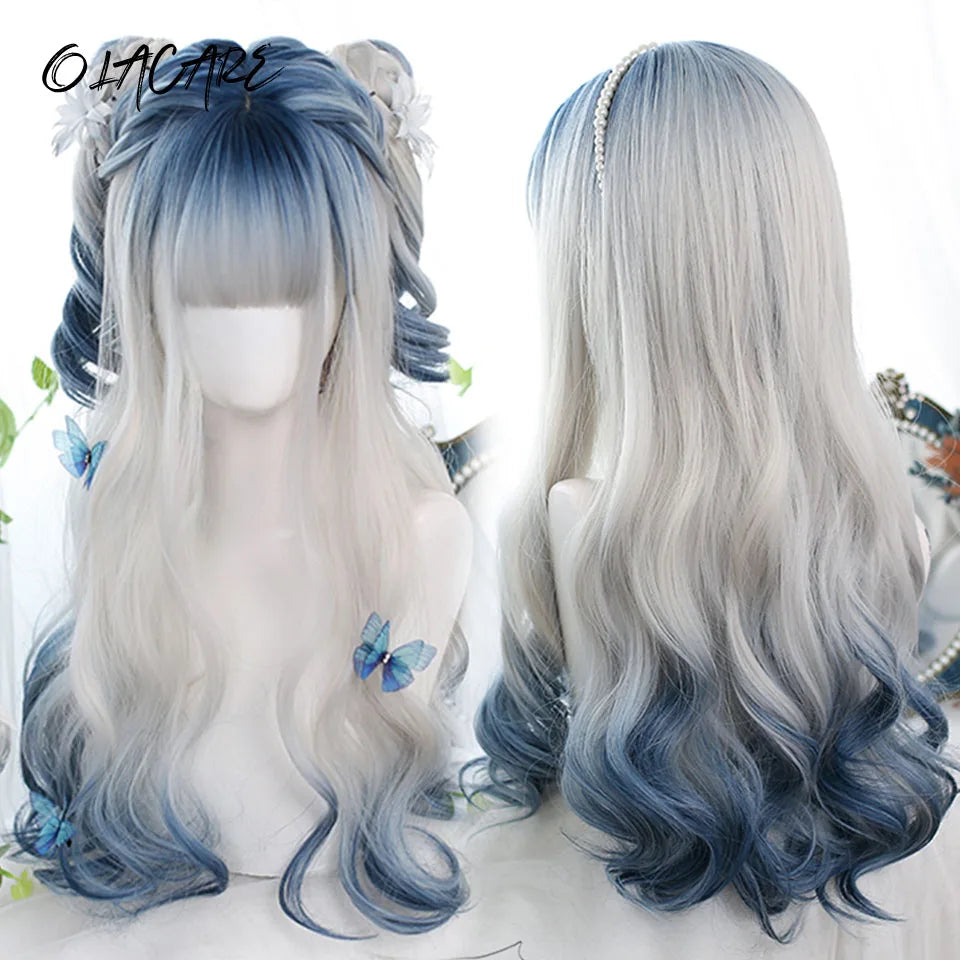 Ombre Harajuku-peruk 66 cm – lång vågig cosplayperuk med lugg