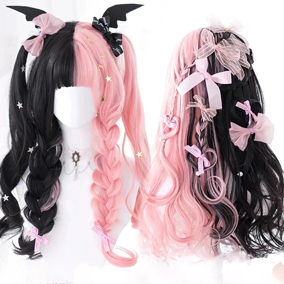 Ombre Harajuku-peruk 66 cm – lång vågig cosplayperuk med lugg