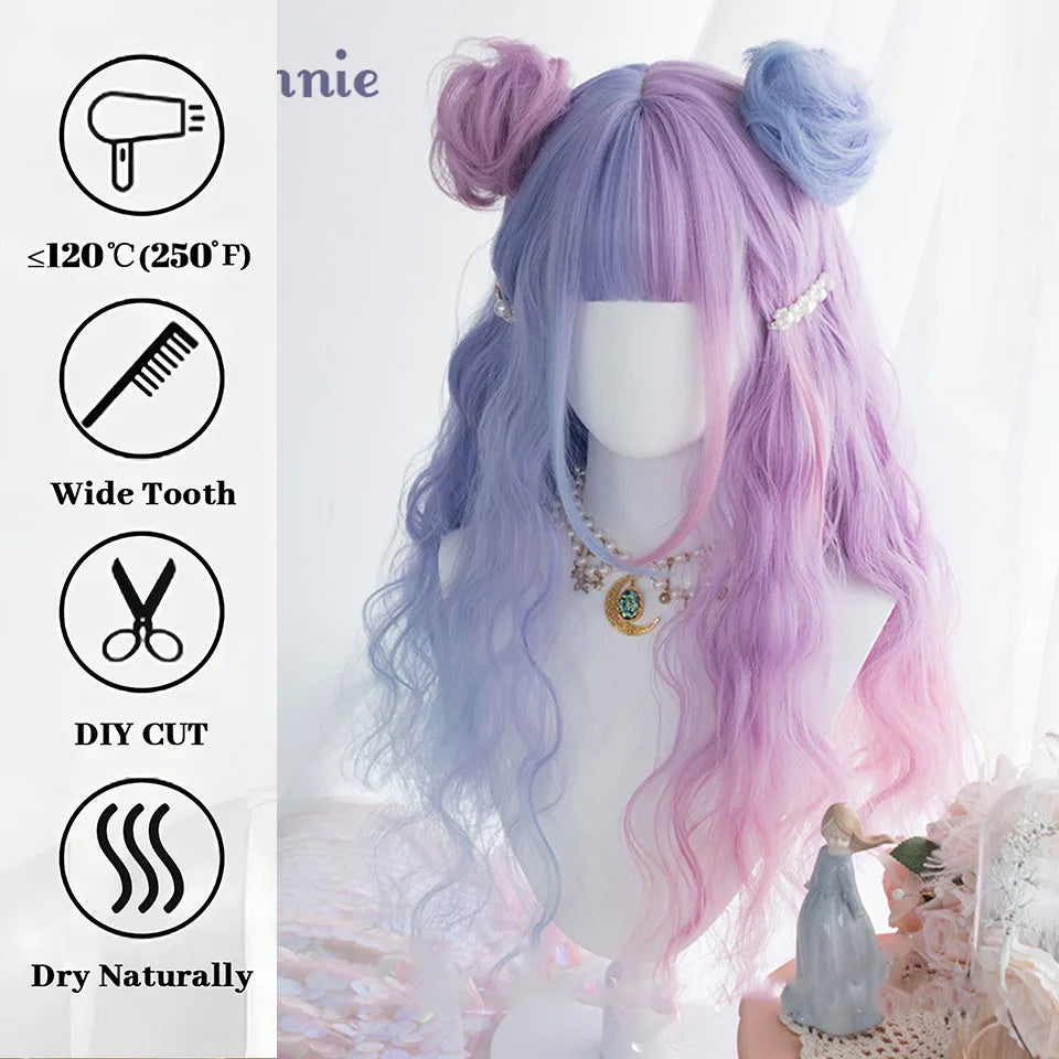 Ombre Harajuku-peruk 66 cm – lång vågig cosplayperuk med lugg