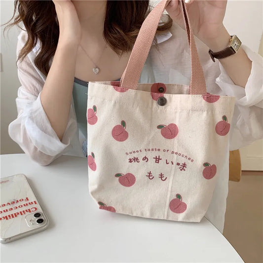 Mini canvas tote bag – japansk/koreansk handväska med persikomotiv