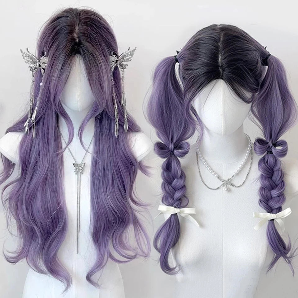 Ombre Harajuku-peruk 66 cm – lång vågig cosplayperuk med lugg