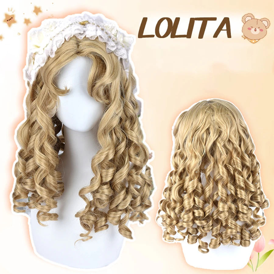 Cosplayperuk med dubbla tofsar – lång vågig syntetperuk för lolita, fest & kawaii-stil