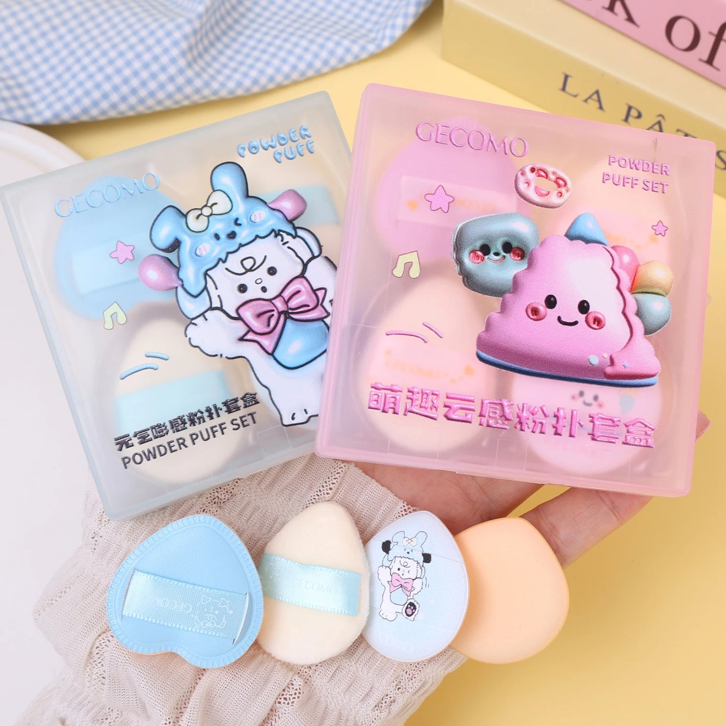 Cute Velvet Powder Puff Set – 5 st mjuka sminksvampar i box för foundation, blush & highlighter