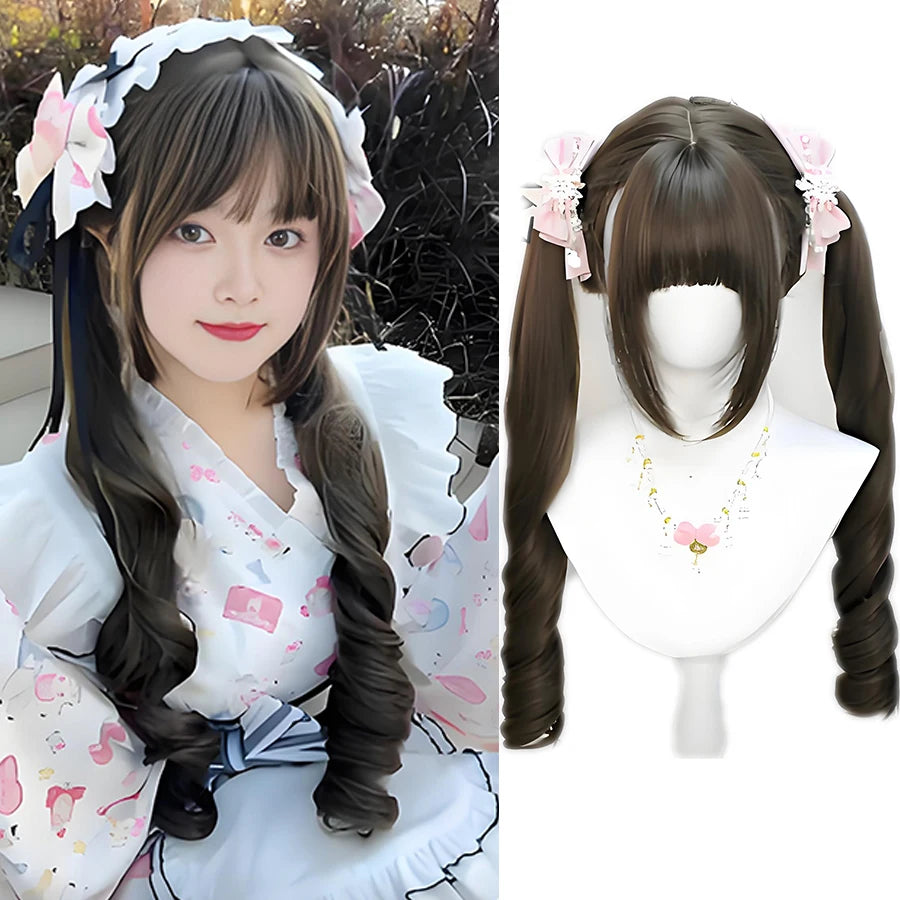 Cosplayperuk med dubbla tofsar – lång vågig syntetperuk för lolita, fest & kawaii-stil