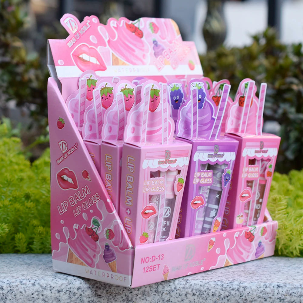 Ice Cream Lip Gloss & Lip Balm Set – söt design, återfuktande & långvarig glans