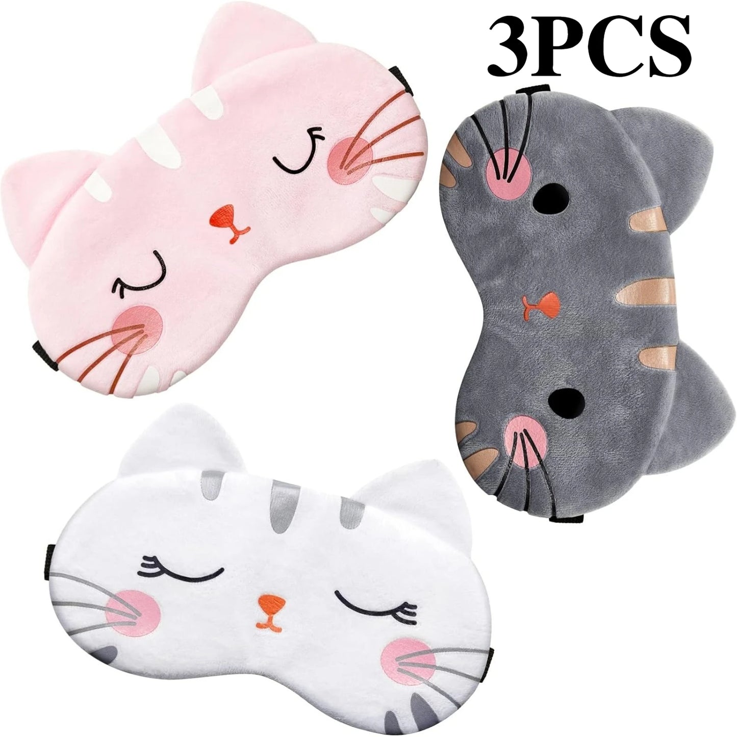 3-pack kawaii sovmasker – mjuka ögonmasker med kattmotiv
