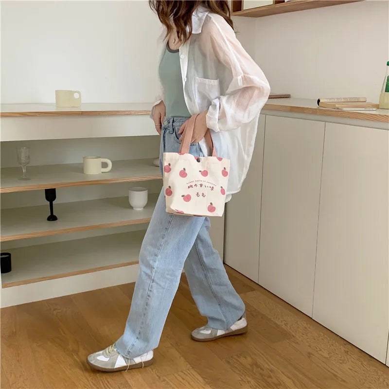 Mini canvas tote bag – japansk/koreansk handväska med persikomotiv