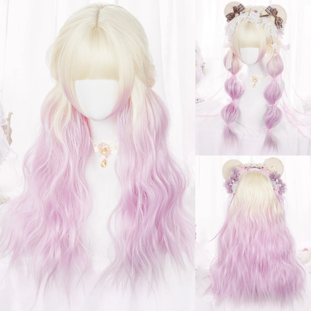 Lolita-peruk 66 cm – lång vågig rosa peruk med blå/lila ombre & lugg