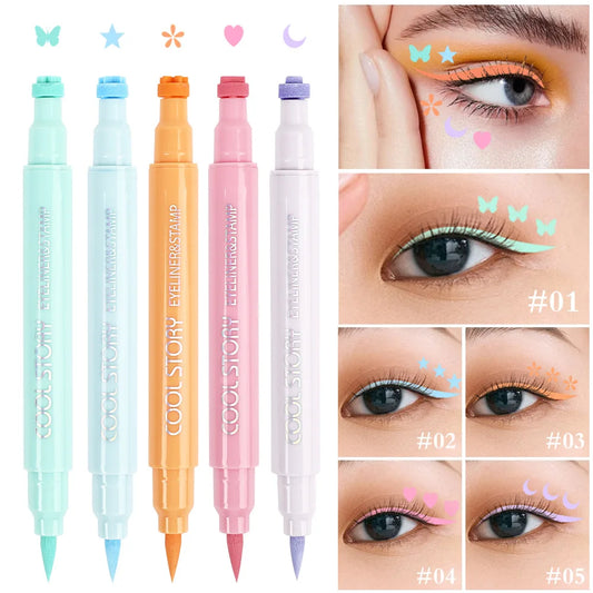 Eyeliner set 5-pack – pastell eyeliners med stämplar (fjäril, stjärna, hjärta, blomma & måne), vattenfasta & snabbtorkande