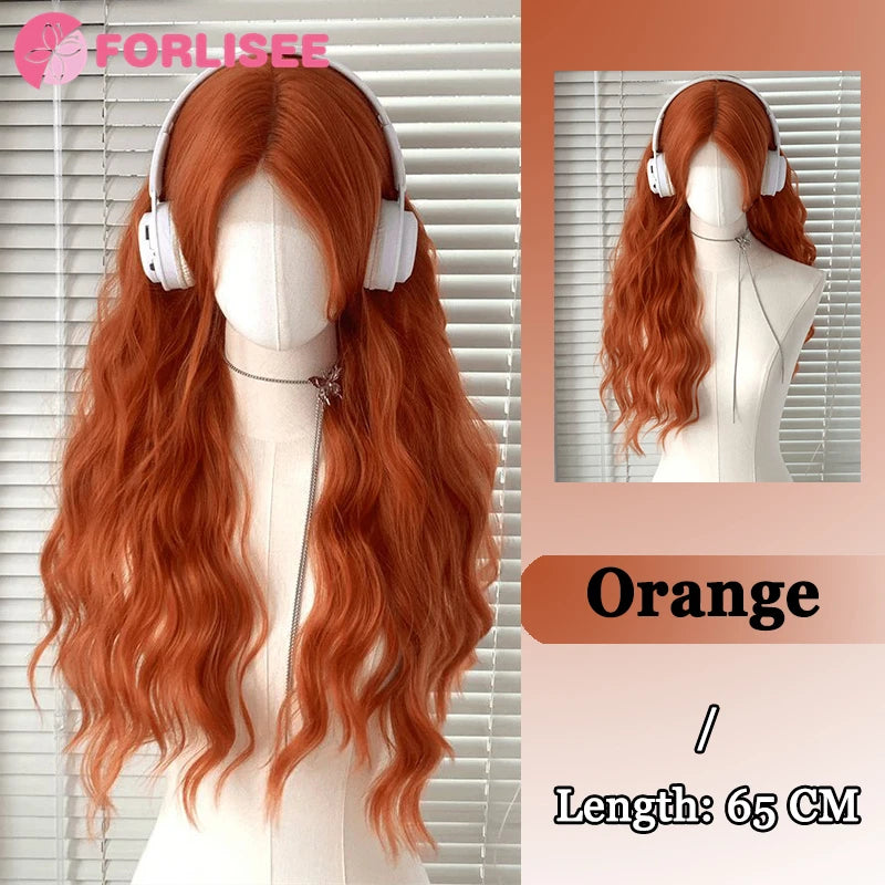 Ombre-peruk 66 cm – lång lockig cosplayperuk med mittbena