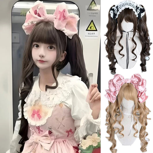Cosplayperuk med dubbla tofsar – lång vågig syntetperuk för lolita, fest & kawaii-stil