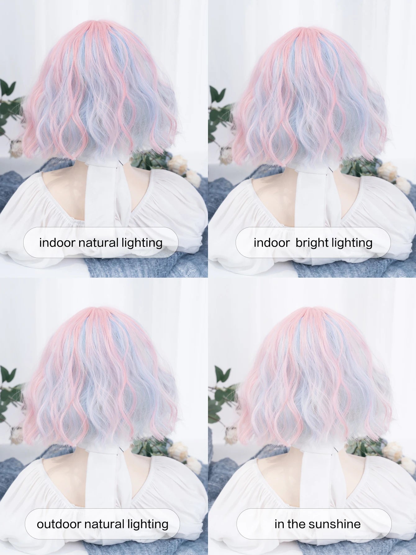 Lolita-peruk 30 cm – kort vågig peruk i blå & rosa toner med lugg