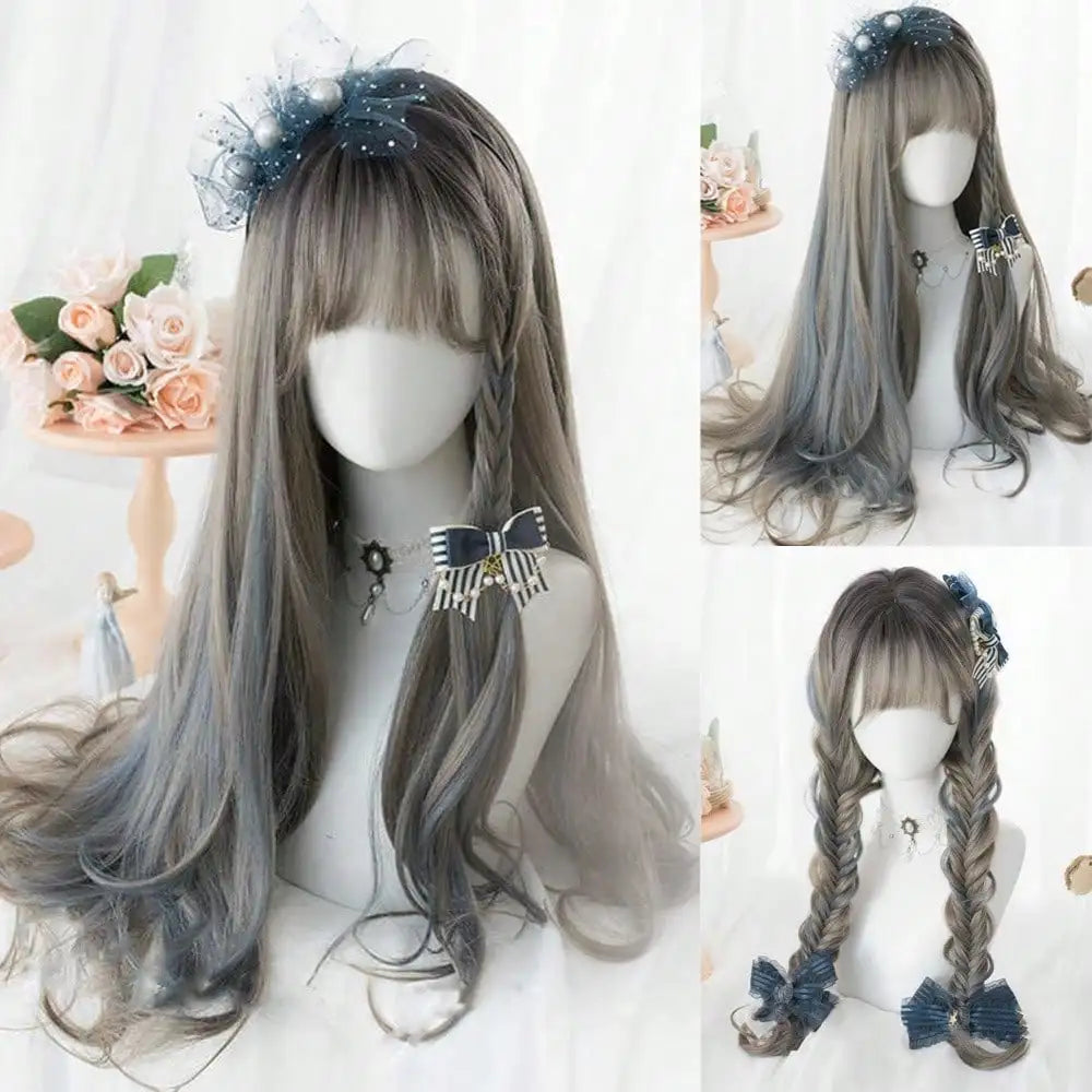 Ombre Harajuku-peruk 66 cm – lång vågig cosplayperuk med lugg