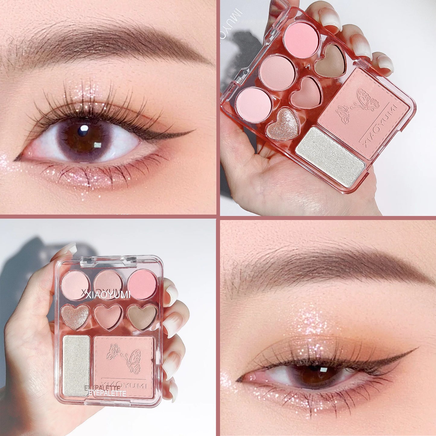 Hjärtformad 8-färgs ögonskuggspalett med rouge & highlighter