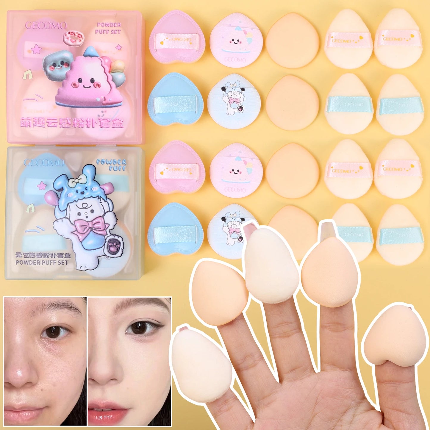 Cute Velvet Powder Puff Set – 5 st mjuka sminksvampar i box för foundation, blush & highlighter