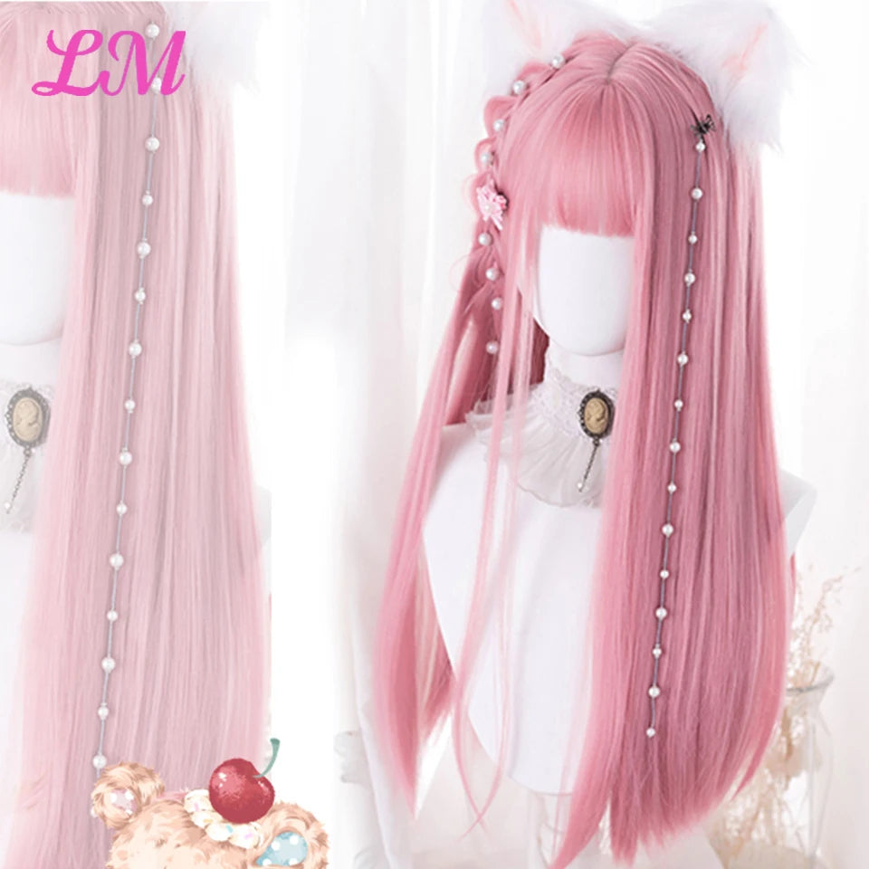 Rosa rak peruk 61 cm – lång syntetperuk med lugg