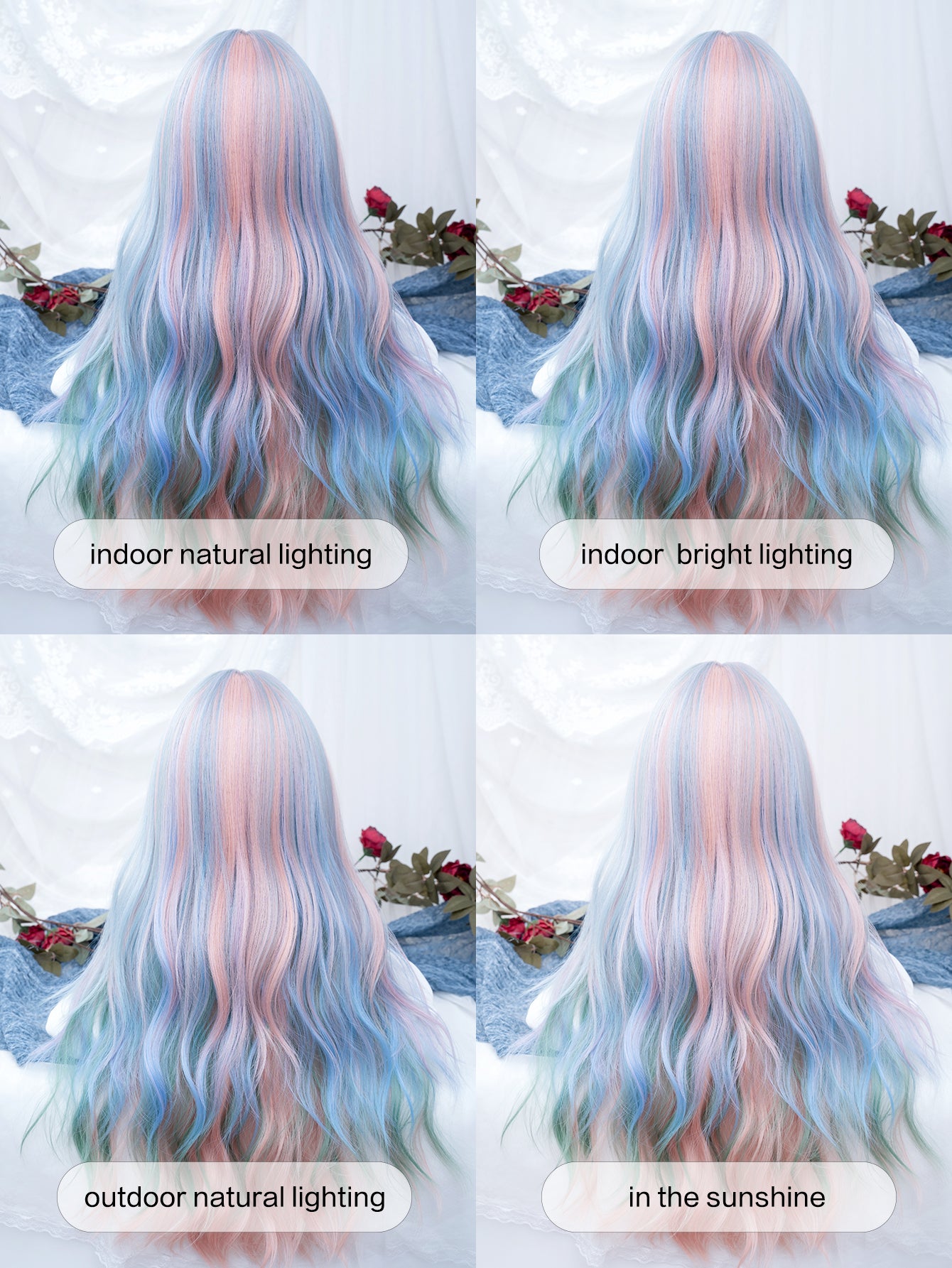 Regnbågsperuk 71 cm – lång vågig syntetperuk med lugg