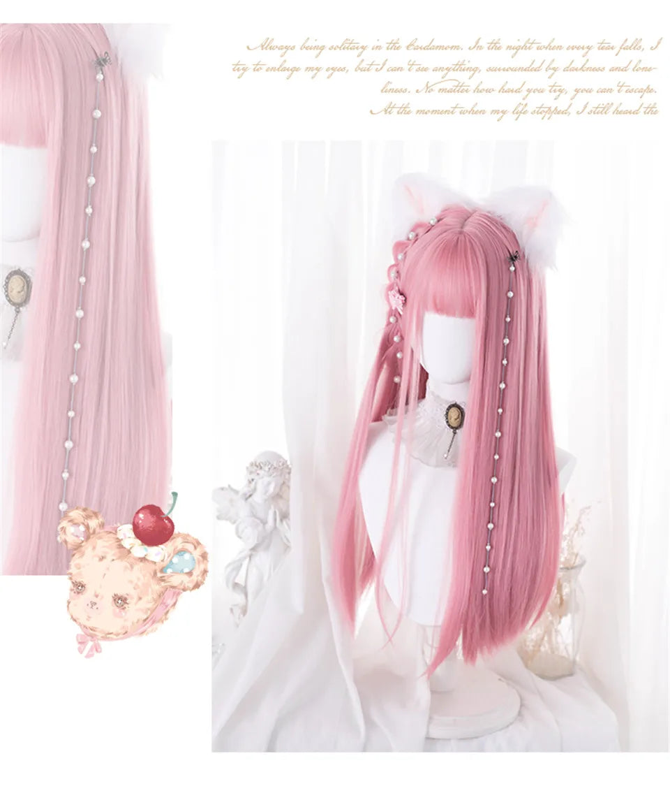 Rosa rak peruk 61 cm – lång syntetperuk med lugg