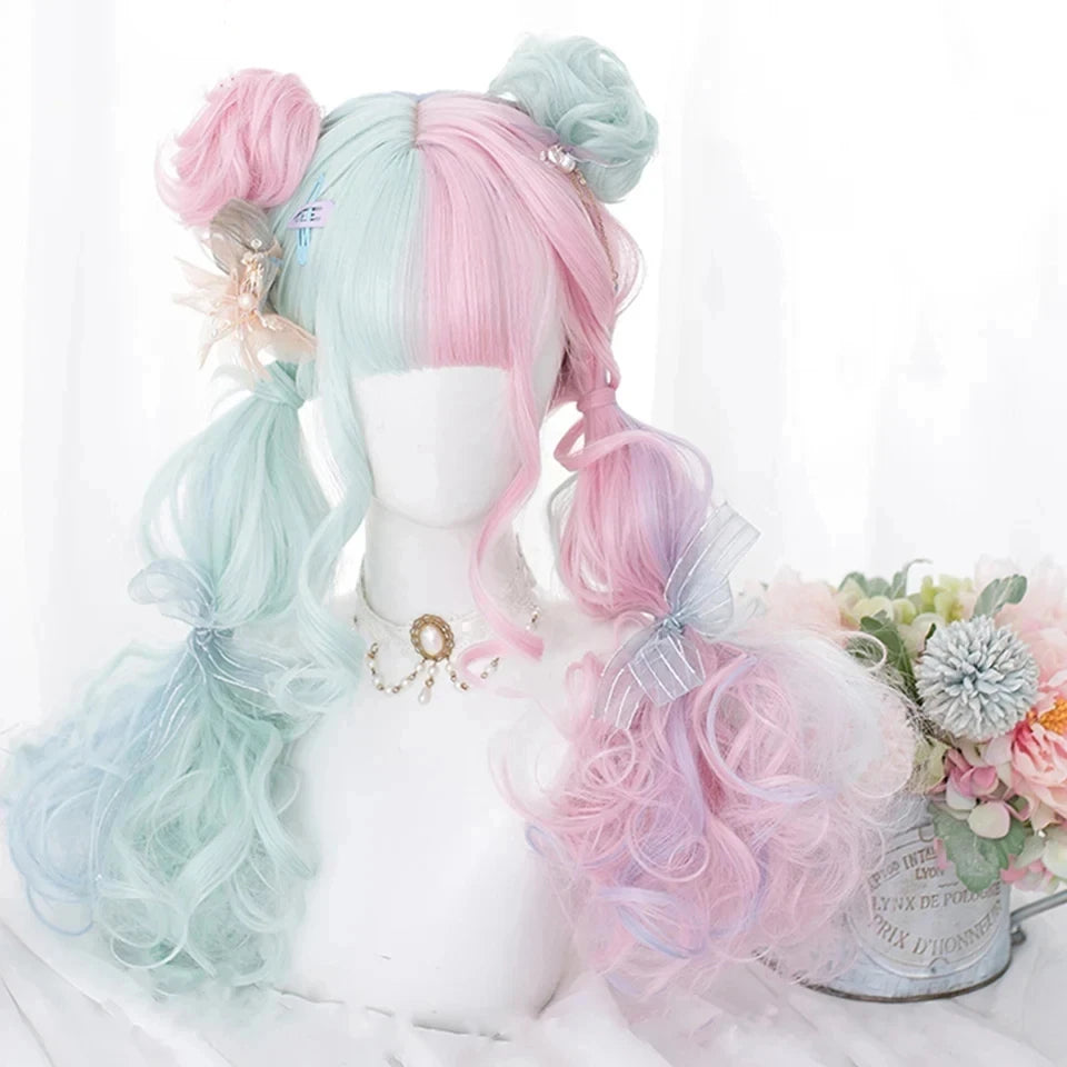 Ombre Harajuku-peruk 66 cm – lång vågig cosplayperuk med lugg