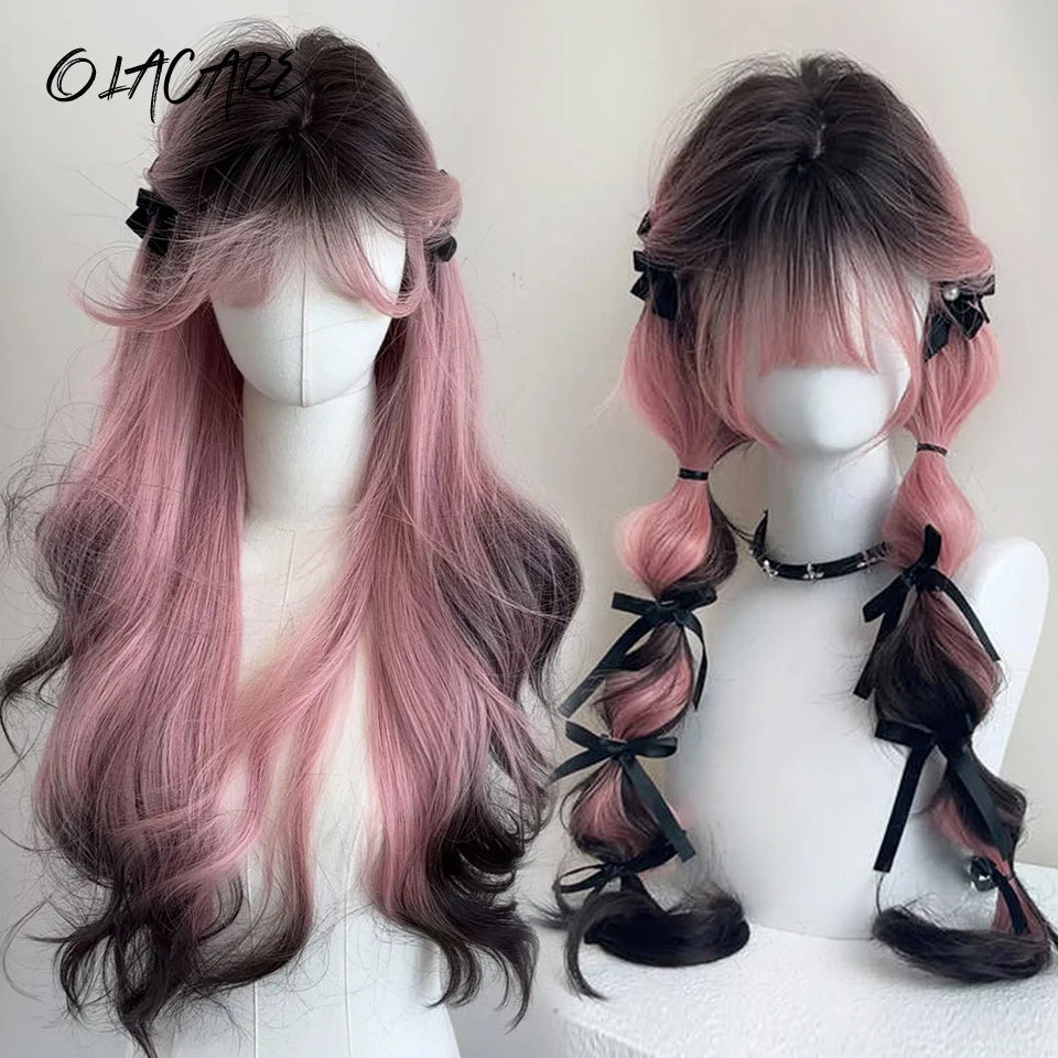 Ombre Harajuku-peruk 66 cm – lång vågig cosplayperuk med lugg