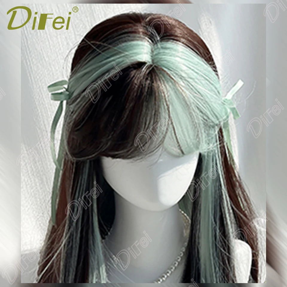 Mintgrön lolita-peruk 66 cm – lång rak syntetperuk med lugg