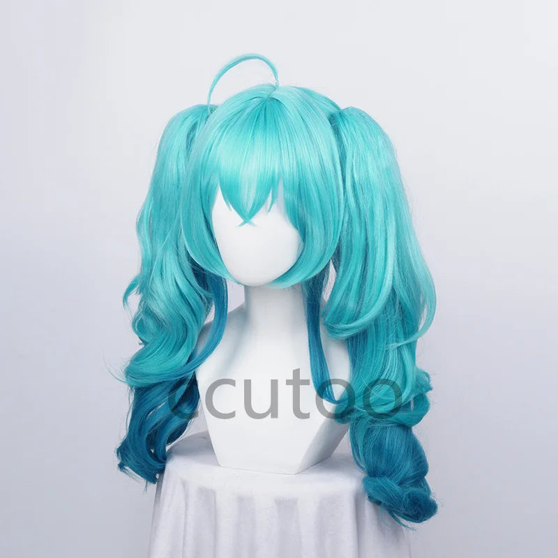 Vocaloid Miku cosplayperuk 55 cm – grön ombre lockig peruk med hästsvansar