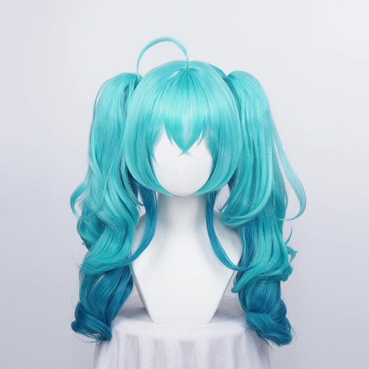 Vocaloid Miku cosplayperuk 55 cm – grön ombre lockig peruk med hästsvansar