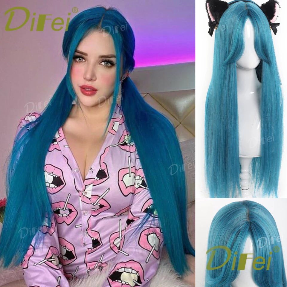 Mintgrön lolita-peruk 66 cm – lång rak syntetperuk med lugg